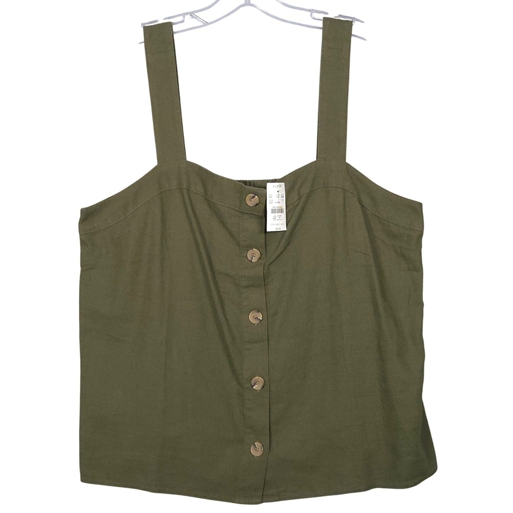 J.Crew NEW‎ 2021 Women Large Button Front Linen Blend Tank Top Olive Green